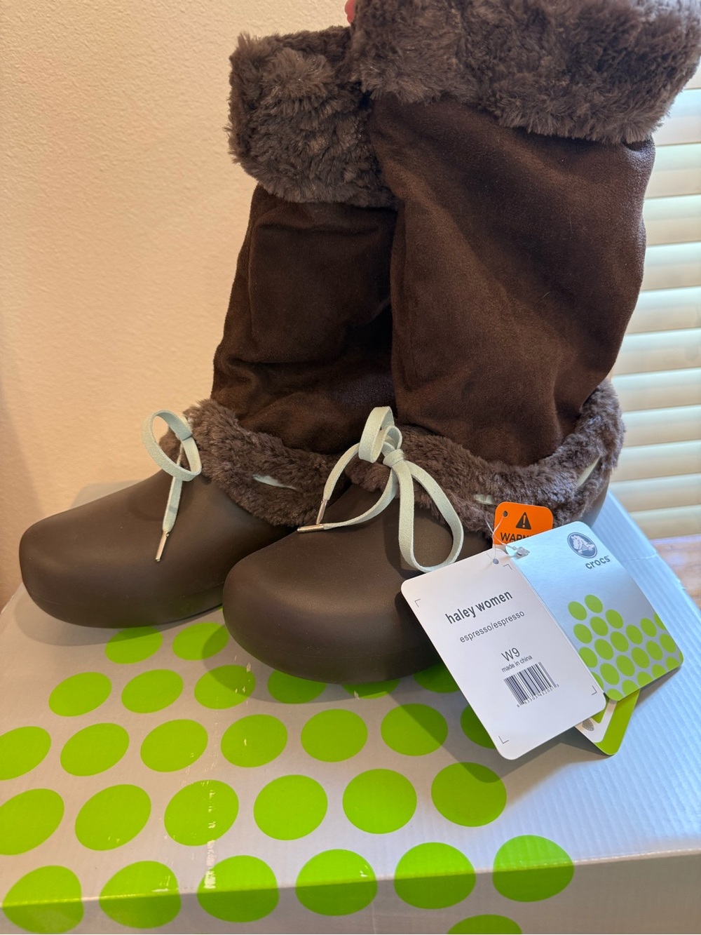 CROCS Brown Faux-Fur Cuffed Boots with Blue Laces